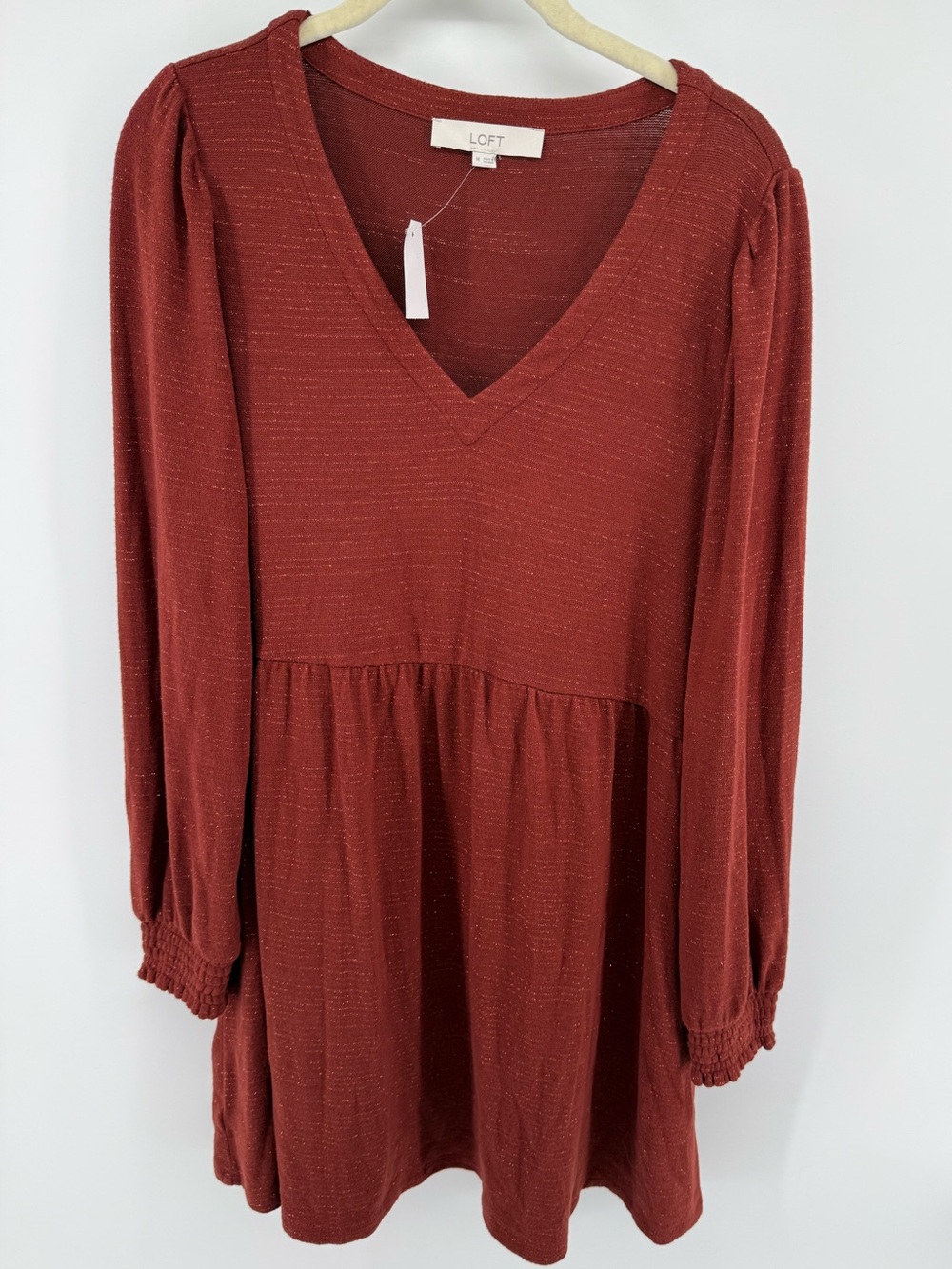 NWT LOFT Metallic V-Neck Long Sleeve Babydoll Sweater Dress Rust‎ Red